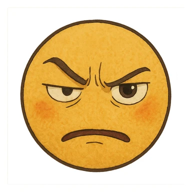 ghibli style yellow face with one eye half-closed and the other open, angry expression sticker