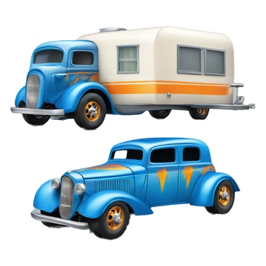 Hot wheels style, hot rod caravan,1935 pulling a  trailer, blue  sticker