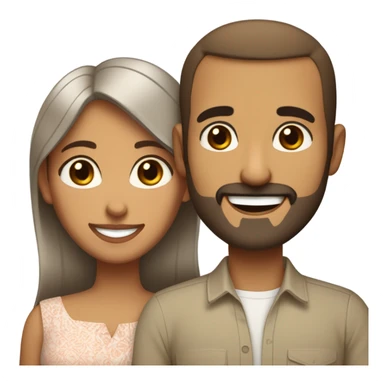 Brown-haired Puerto Rican woman with dark brown eyes wearing a cute blouse giving comforting hug to short, bald man with brown eyes, laugh lines, and a beard sticker