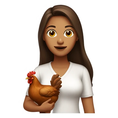 woman with long brown hair and brown eyes holding a chicken sticker