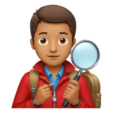 Explorer man with red jacket backpack and magnifying glass sticker