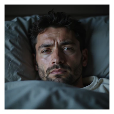 close-up hyperrealistic 4K image of a man with tired face, swollen eyes and dark circles, lying in bed, stressed expression, cold morning light sticker
