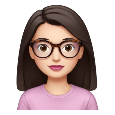 White woman with long straight dark brown hair divided in the middle, dark Brown eyes, light tortoiseshell framed glasses. The lips have soft old pink coloured lipstick, and light smile (no teeth showing). No make-up in the eyes. The t-shirt is White. sticker