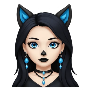 A girl with long black hair and blue eyes, black eyeshadow, black eye liner, mascara, and black lipstick, and black skull earrings. Also a black sexy dress and wolf ears  and a black pendent   sticker