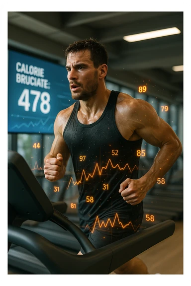 Uomo atletico su tapis roulant in palestra, visibilmente sudato, in piena corsa. Sullo sfondo uno schermo digitale che mostra 'Calorie bruciate: 478'. Intorno al corpo dell’uomo si vedono numeri fluttuanti e grafici energetici, come se si stessero misurando in tempo reale le calorie consumate. Atmosfera dinamica, luce intensa da palestra, sensazione di movimento e impegno. IN ITALIANO sticker