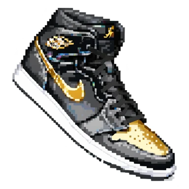 Jordan 1 sneaker, all black with a metallic gold swoosh sticker