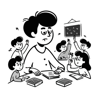 exhausted teacher in a bustling classroom sticker