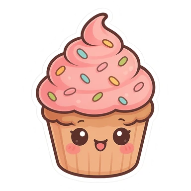 chibi sticker-style cupcake with pink frosting and sprinkles, girly, cute and exaggerated sticker