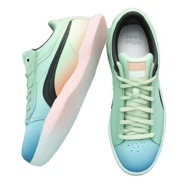 Realistic Isolated front view pair of pastel blue pastel green peach and black ombre Puma sneakers.  sticker