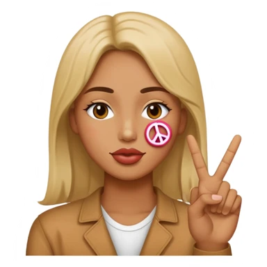 A person with a peace sign with a kissy face sticker