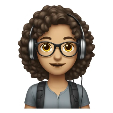 Caucasian girl with long dark brown curly hair, glasses, and headphones on sticker