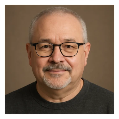 portrait varié d'un homme de 60 ans, cheveux très courts gris, visage rond, lunettes, moustache et bouc court sticker