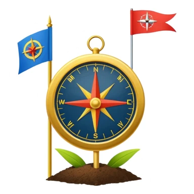 A minimal emoji of a compass pointing toward a planted flag. Flat design, confident colors, modern emoji style. Represents choosing direction and seeing it through to completion. Avoid corporate or motivational poster aesthetics. sticker