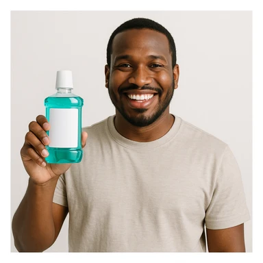A smiling Black man with a bottle of mouthwash in his hand, casual pose, clean background. sticker