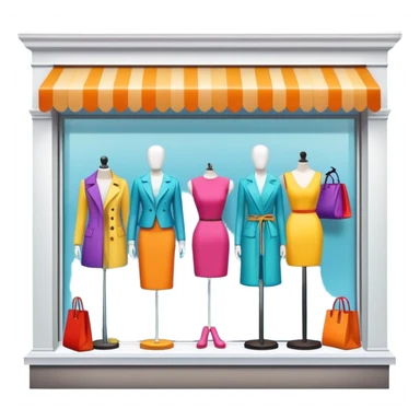 Storefront shop window with products displayed, mannequins, and clothing items sticker