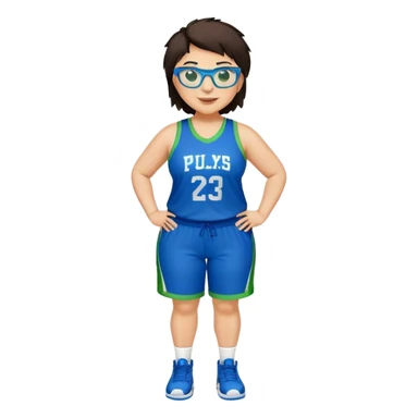Full Body plus size white female with short dark hair with highlights spike hair wearing blue glasses basketball player wearing blue green uniform smiling sticker