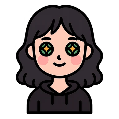 A cute girl with white skin, dark wavy hair just below her shoulders, green eyes, fair skin, a soft pink blush, and burning stars in her eyes. She has a thin neck and is wearing a black hoodie. The girl has long bangs styled on both sides of her face. sticker