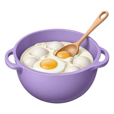 a lilac ceramic mixing bowl with a wooden spoon stirring and sitting next to it is a dozen eggs with the carton lid open sticker