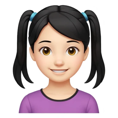 smiling girl with black hair parted in the middle tied into two low pigtails near the neck, round eyes, cheerful expression, soft cartoon-like facial features, head and upper shoulders, clean lines, minimal white background, vibrant and simple emoji style sticker