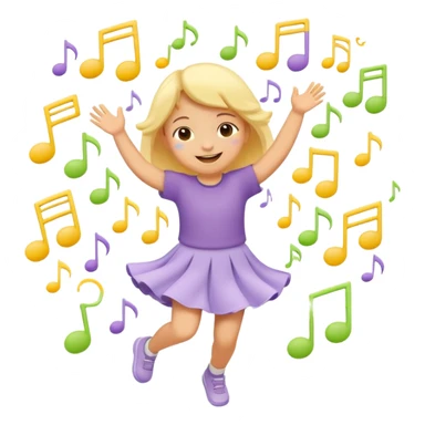 Flat illustration emoji of a small child dancing or moving joyfully to music, musical notes floating around, smiling expression, soft pastel colors (yellow, lavender, light green), rounded shapes, minimal details, child-friendly, warm and playful style sticker
