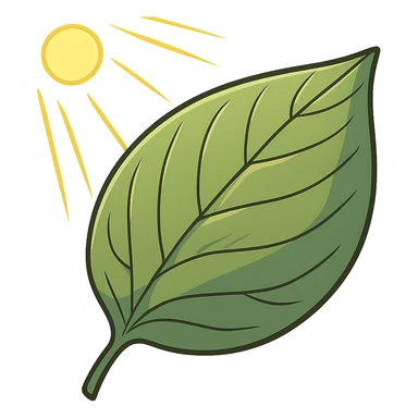 cartoon-style close-up of a green leaf with visible veins, sunlight shining on it, transparent background sticker