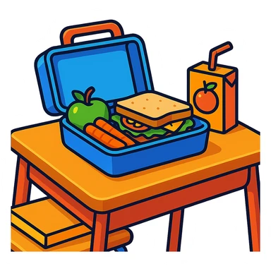 a lunchbox with food on a school desk, cheerful style sticker
