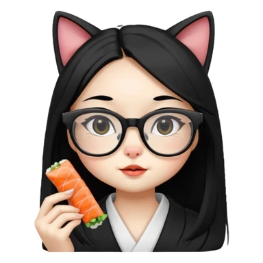 cute girl cat with long straight hair and really big square glasses with super thin frames eating sushi sticker