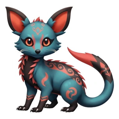 Rare warm-colored exotic cute epic aesthetic gothic colorful Salandit-Eevee-Civet-species-Fakemon-hybrid-creature, with tribal tattoo markings, full body sticker