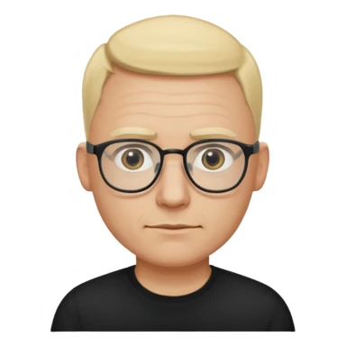 bald blonde man with eyeglasses with black shirt sticker