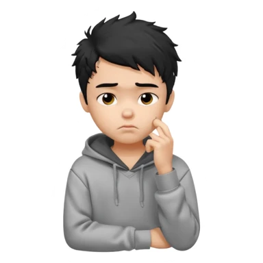 generate a pretty fair bratz boy with black messy hair looking sad with one hand on chin.  Wearing a grey hoodie sticker