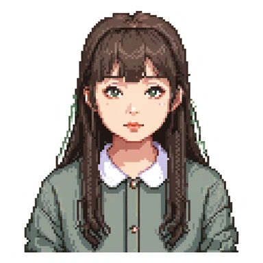pixel art of an Asian girl, thin bangs, long hair, round eyes, no double eyelids sticker