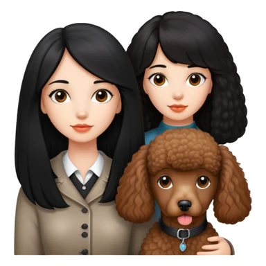 A beautiful and well-behaved girl with fair skin has long straight black hair and a brown Poodle. sticker