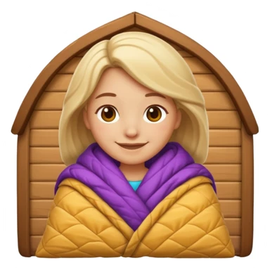 Create an iOS‑style emoji of a girl wrapped in a thick quilted blanket, smiling calmingly with a relaxed, cozy cabin vibe and soft lighting. sticker