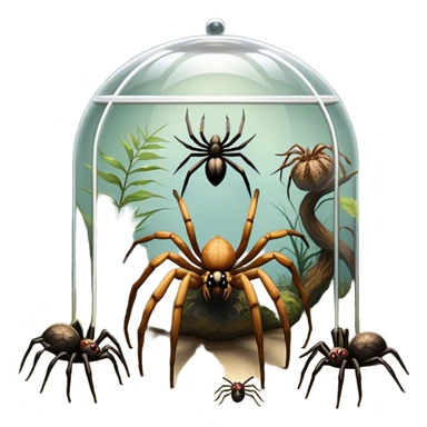 Collage of various spiders, including tarantulas and other exotic species, inside a  terrarium with webs and natural décor. Close-up shots of their intricate legs, eyes, and fuzzy bodies. Soft lighting, transparent background. sticker