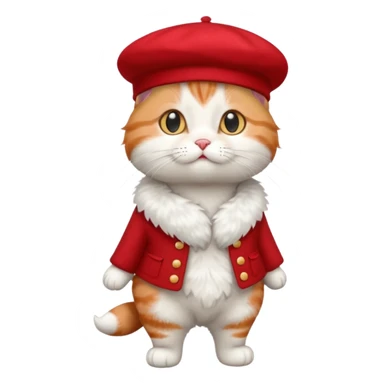 A cute cat emoji, full body, standing in side view, wearing a stylish red beret. sticker