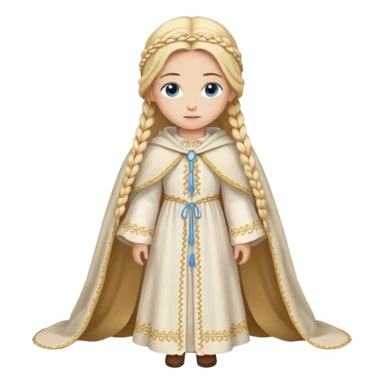 Joven de unos 20 años, de aspecto dulce y elegante.
Piel clara, ojos (pueden ser azules o verdes)
Rubio o castaño claro, largo, con trenzas o velo.
Vestido largo de tonos suaves (blanco, azul o lavanda), con bordados dorados; un manto o toca fina cubriendo la cabeza. Haz todo el cuerpo sticker