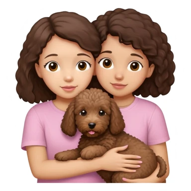 One girl with medium long dark brown hair dressing baby pink T-shirt, hugging One little brown coated labradoodle. sticker