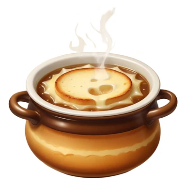 french onion soup in a bowl, melted cheese on top, golden croutons, steam rising sticker