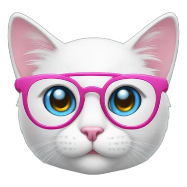 White cat with blue eyes, pink glasses and smile sticker