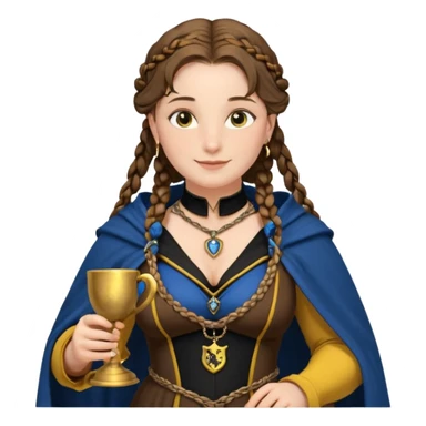Helga Hufflepuff, blue eyes, brown-haired, two brown braids, yellow-black medieval dress, black cloak decorated with gold braiding, tiny gold cup with two handles, very kind smile, curvy busty sweet woman, macromastia, thick round rosy cheeks, gold pendant with round black stone sticker