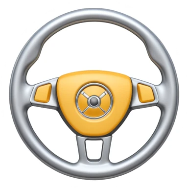 A futuristic steering wheel emoji made of silver chrome, minimal geometric design, smooth metallic surface, soft reflections, iOS emoji style, centered, clean white background sticker