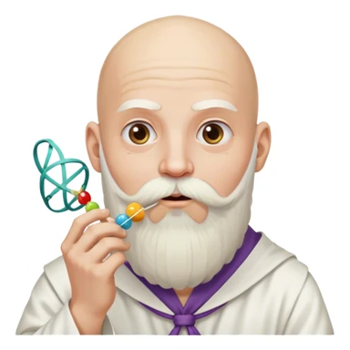 completely bald guy, with a long, white wizard beard tied down in a hair tie, eating a strand of dna sticker