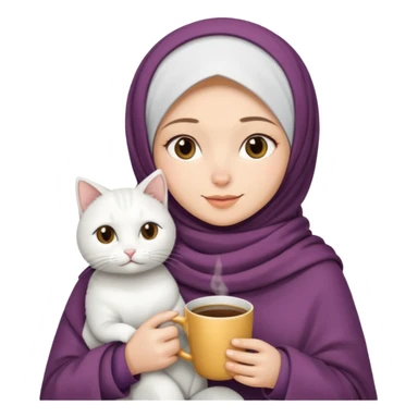 hijap bayan elinde kahve ve battaniyesi ve kucagında beyaz kedi sticker