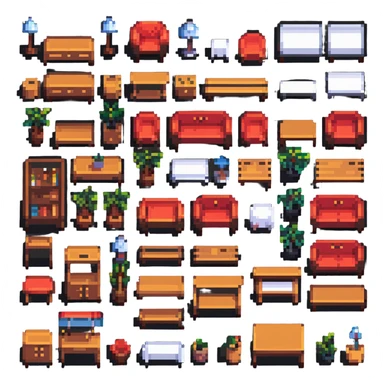 detailed furniture elements in pixel art style sticker