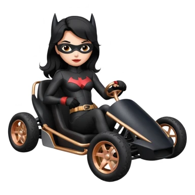 Hot full size real size-appearance electric racing action sexy BatWoman’s feminine midnight-colored tight outfit sixty’s tv show 1992 dark stealthy sporty safe plush petite off-road pursuit cruiser car rose gold accents (black hair,reclined and relaxed torso and shoulders seating position) go kart  sticker