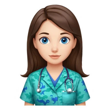 pretty brunette nurse with long hair and blue eyes in dinosaur pattern scrubs sticker