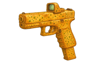 A glock with an extended magazine and holo sight, except it’s garlic bread  sticker