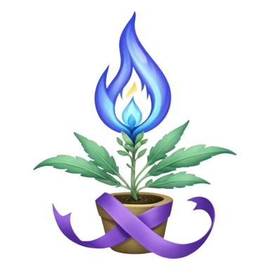 Blue flame enveloping a green sage sprout surrounded by a purple ribbon sticker