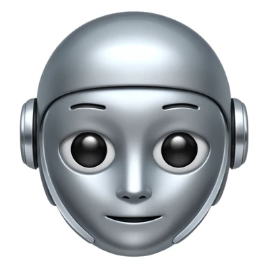 A cute futuristic robot emoji made of silver chrome, rounded friendly body, minimal facial features, glossy metallic surface, soft reflections, iOS emoji style, centered, clean white background sticker