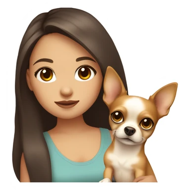 A girl with long brown hair, big brown eyes, big lips wearing a singlet top, she is holding a light yellow coloured chihuahua sticker